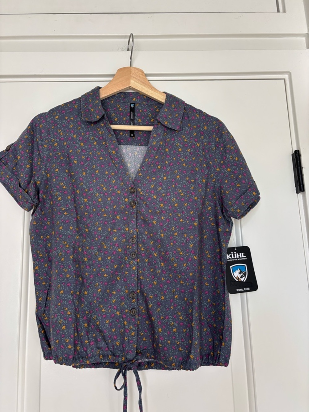 Kuhl Lilliana Indigo Orchid Short Sleeve Floral Shirt Outdoor Hiking XS - Picture 2 of 9